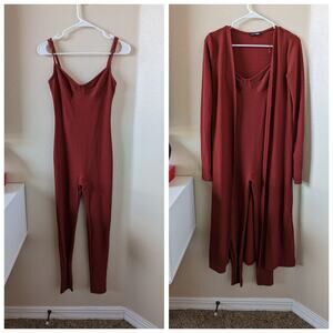 Fashion Nova All Inclusive Ribbed Jumpsuit Cardigan Set Rust Red S Small *Flaw